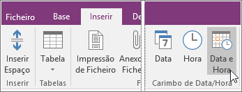Captura de ecrã do botão Data e Hora no OneNote 2016.