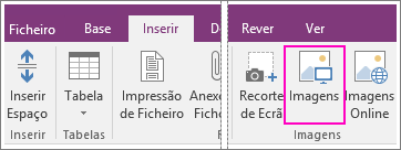 Captura de ecrã do botão Inserir Imagens no OneNote 2016.