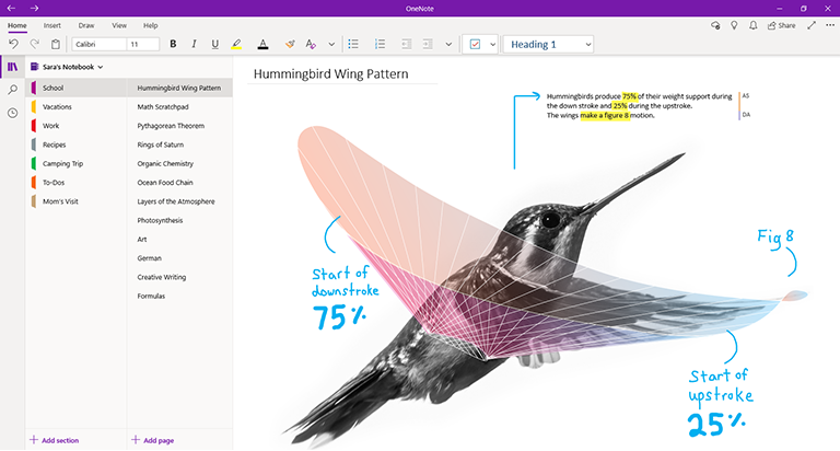 Captura de ecrã a mostrar o OneNote para Windows 10
