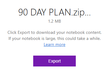 Um pop-up no OneNote com um botão Exportar.