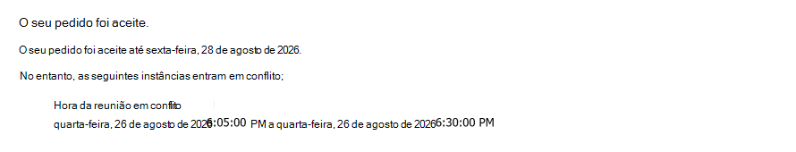 Exemplo de um pedido de sala periódico aceite durante uma data com uma reunião em conflito.