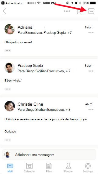 Pode arquivar uma mensagem ao tocar no botão Arquivar