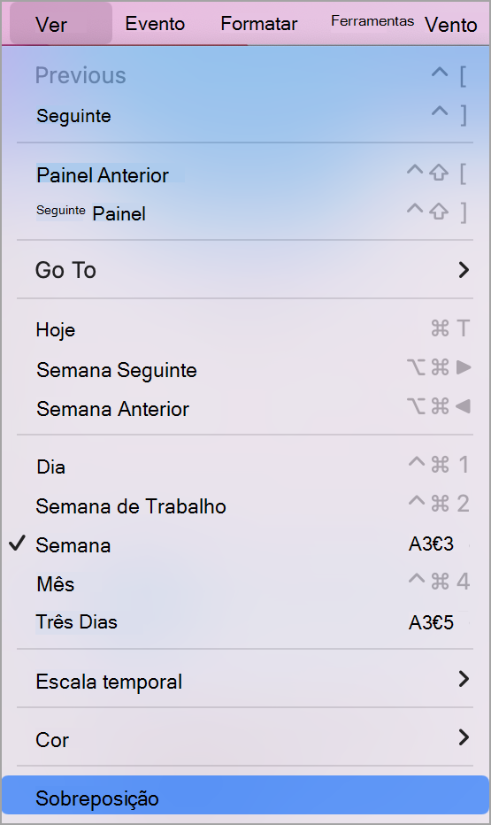 Menu pendente Ver com a opção Sobreposição selecionada