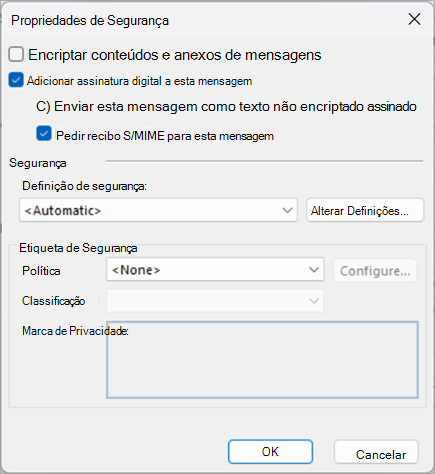 Selecione as caixas junto a Adicionar assinatura digital a esta mensagem e Pedir recibo S/MIME para esta mensagem