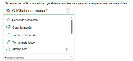 Algum texto numa mensagem de e-mail selecionada e o menu Copilot expandido para mostrar opções para o que pode fazer com esse texto.