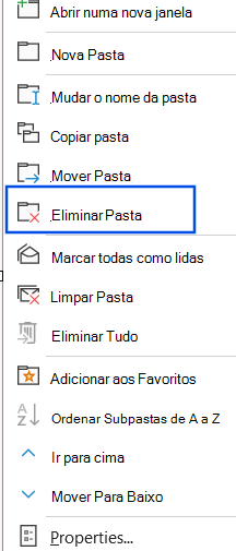 Captura de ecrã a mostrar a opção Eliminar Pasta selecionada no painel de navegação.