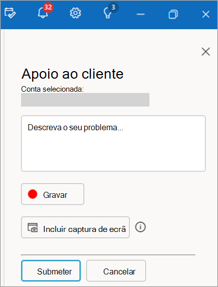 Captura de ecrã do painel de suporte de contactos a mostrar a área para fornecer uma descrição do problema