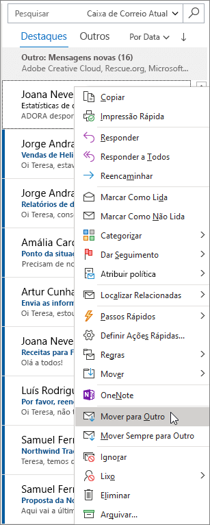 Caixa de Entrada Destaques no Outlook
