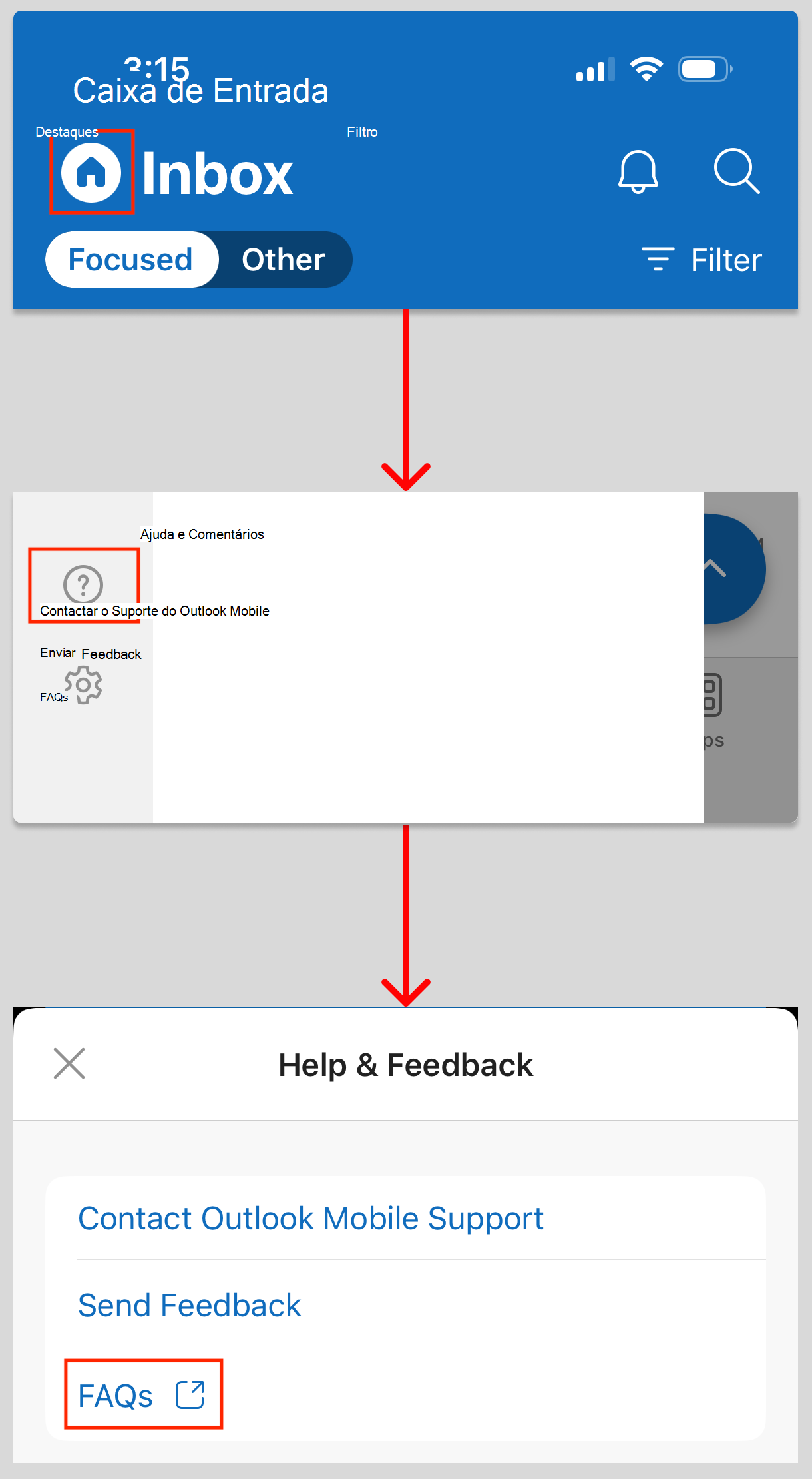 Esta imagem revela como aceder às definições de FAQ no Outlook para iOS.