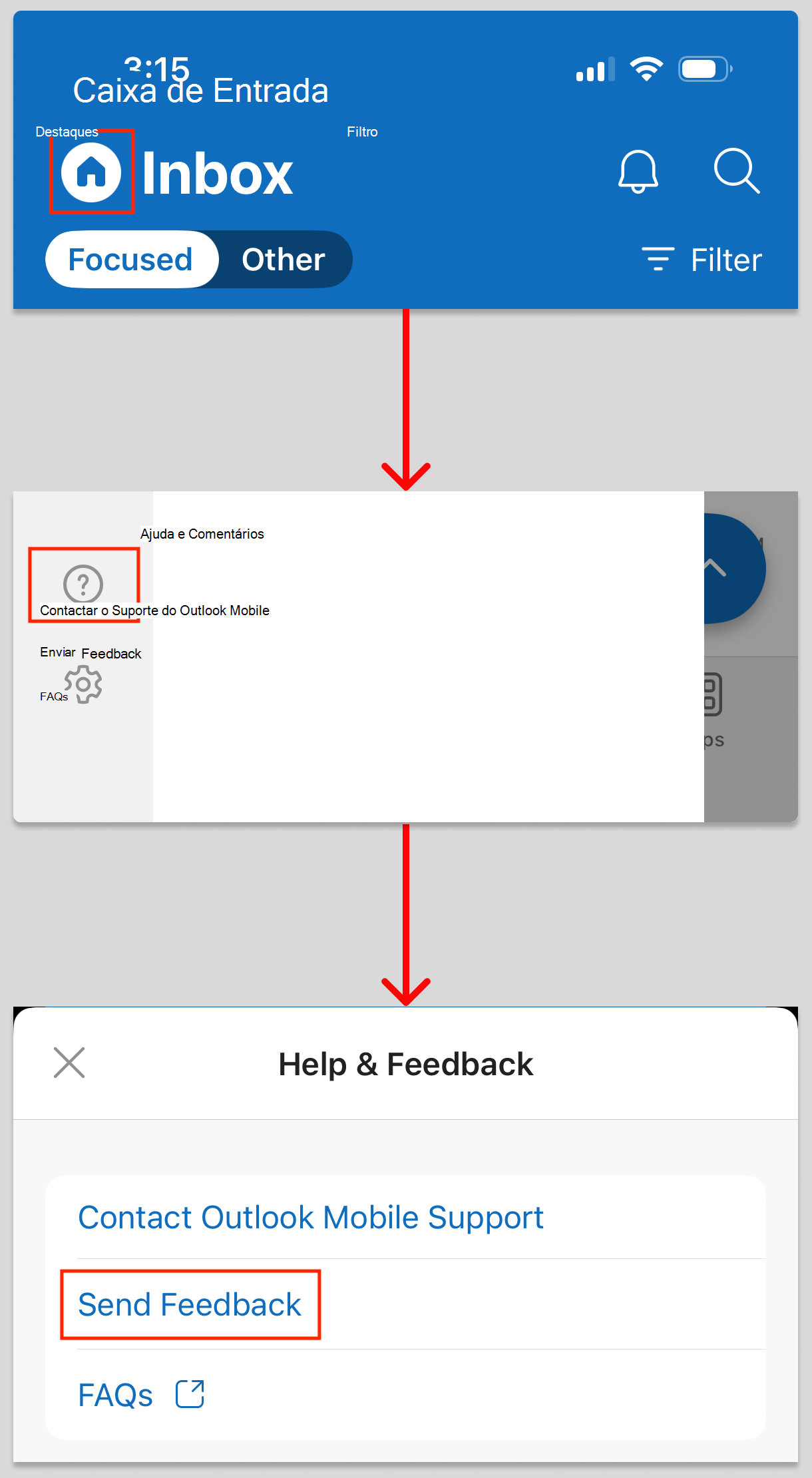 Esta imagem revela como aceder à funcionalidade Enviar Comentários no Outlook para iOS.