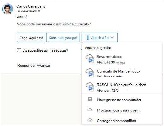Anexar ficheiros sugeridos no Outlook.