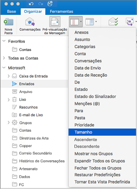 Ordene o seu correio de formas diferentes ao clicar em Organizar > Dispor Por > e selecionar a partir da lista de opções