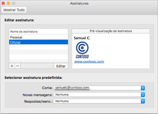 Página Assinaturas nas Preferências do Outlook