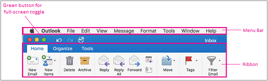Barra de menus no Outlook 2016 para Mac