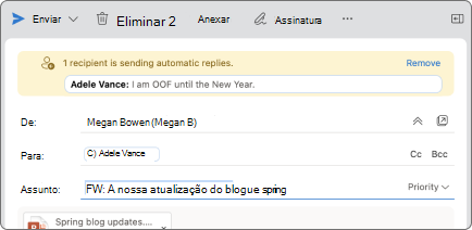 A captura de ecrã mostra um exemplo do aspeto das sugestões de correio.