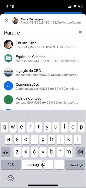 Gerir destinatários sugeridos nas caixas Para, Cc e Bcc com captura de ecrã móvel de Conclusão Automática