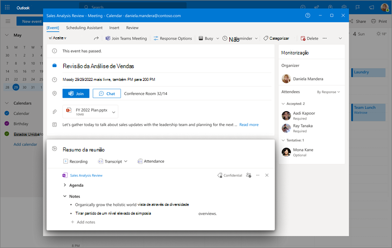 Imagem a mostrar a recapitulação da reunião no calendário do Outlook