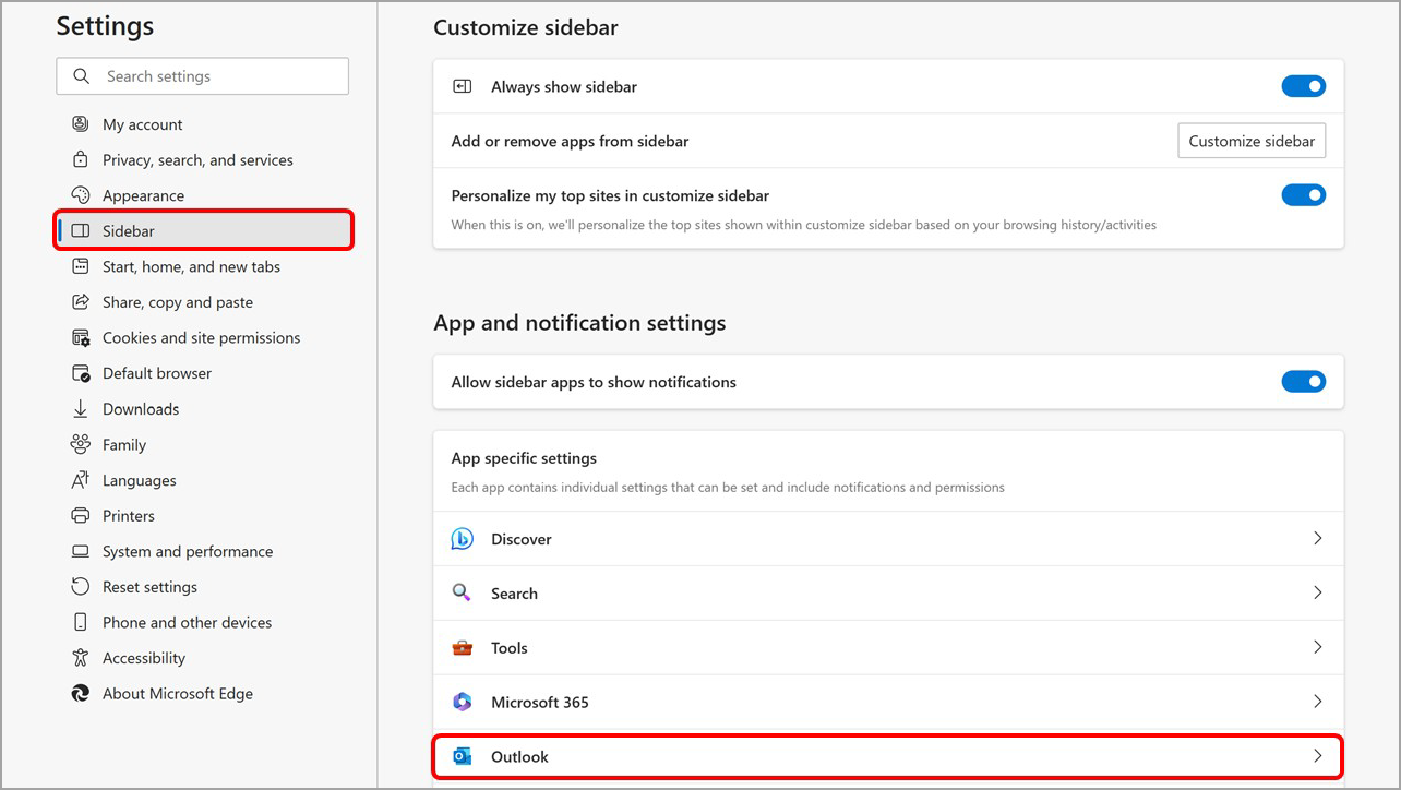 Personalize a Barra Lateral do Microsoft Edge a partir da página de definições da Barra Lateral.