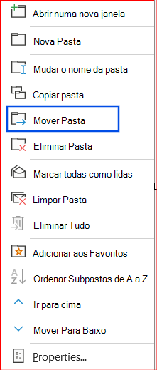 Captura de ecrã da opção Mover pasta selecionada no painel de navegação.