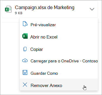 Selecione a seta para baixo junto ao anexo e, em seguida, selecione Remover Anexo