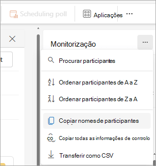 Captura de ecrã do painel Controlo no novo Outlook a mostrar as opções de lista pendente para copiar a lista de participantes