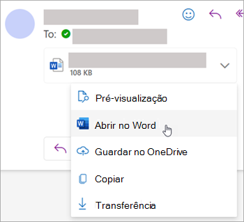 Captura de ecrã a mostrar a lista pendente para abrir um anexo no Word