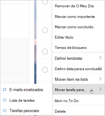 Prima sem soltar (ou clique com o botão direito do rato) para aceder ao menu de contexto. Selecione Mover tarefas para ... e selecione a lista para a qual pretende mover a tarefa.