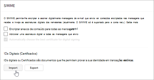 Captura de ecrã a mostrar a página S/MIME em Definições e Importação nas secções IDs Digitais