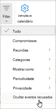 Captura de ecrã a mostrar a opção Filtrar no Calendar a mostrar Ocultar eventos recusados no menu pendente