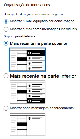 Captura de ecrã da secção Esquema de Correio> das Definições > a mostrar a secção Organização de mensagens