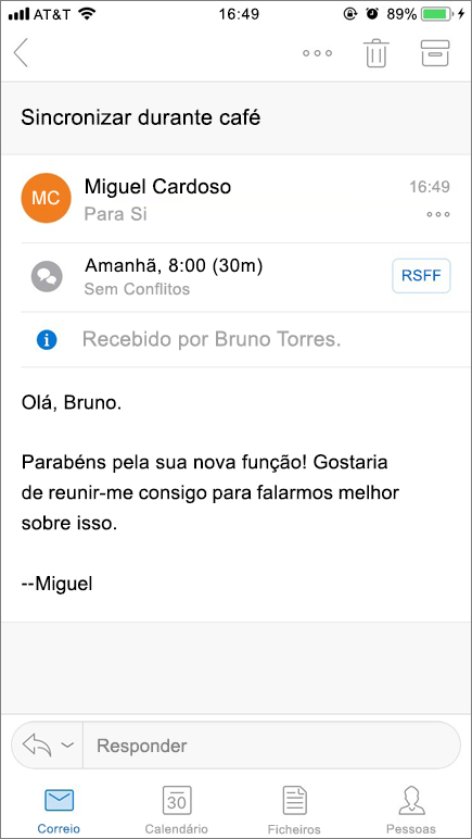 Captura de ecrã a apresentar o ecrã de um dispositivo móvel com o ícone do correio.