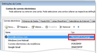 Exemplo de uma Conta do Exchange na caixa de diálogo Definições da Conta