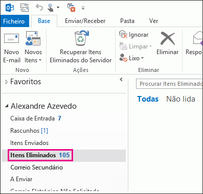 Clique em Itens Eliminados na lista de pastas
