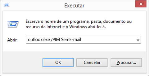 Utilizar a caixa de diálogo Executar para criar um perfil sem e-mail