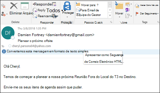 Clique na Barra de Informações para apresentar como HTML.