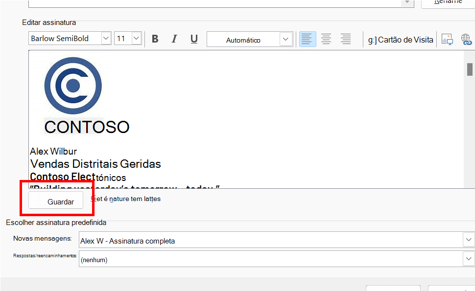 O editor de assinaturas no Outlook com o botão Guardar realçado.