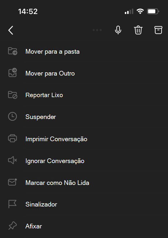 Menu de reticências na parte superior do ecrã para o Outlook Mobile