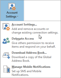 Opções disponíveis quando seleciona as definições de conta no Outlook