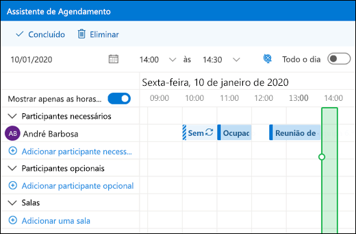 Assistente de Agendamento que mostra eventos de calendário combinados