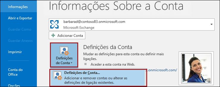 Definições de conta no Outlook