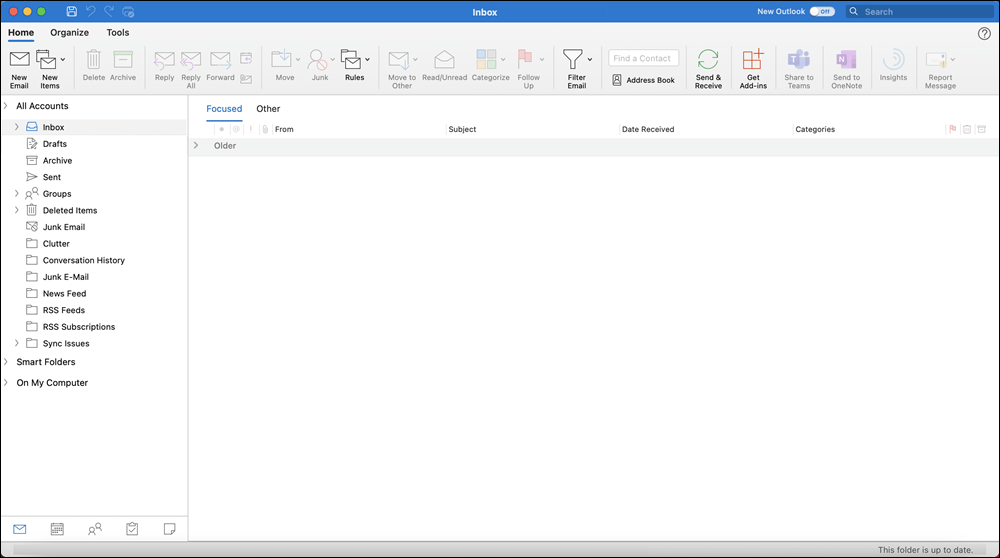 Janela do Outlook 2021 para Mac com a Caixa de Entrada apresentada