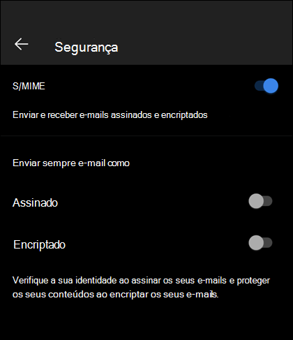 O ecrã de segurança no Outlook mobile, com S/MIME ativado e as opções Assinado e Encriptado disponíveis.