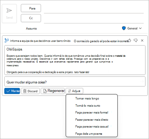 Mostra a página de correio Clássico do Outlook, com um rascunho do Copilot e as opções Ajustar apresentadas.