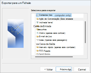 Captura de ecrã no Outlook clássico com Contactos (apenas este computador) selecionado para exportação