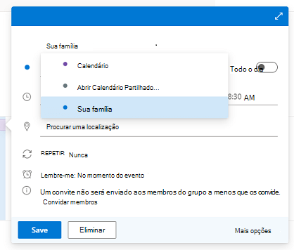 Caixa de diálogo Novo Evento com a lista de Calendários aberta e a opção A Sua Família selecionada.