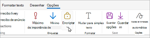 A nova barra de ferramentas de correio tem um botão encriptar onde pode escolher opções de encriptação.