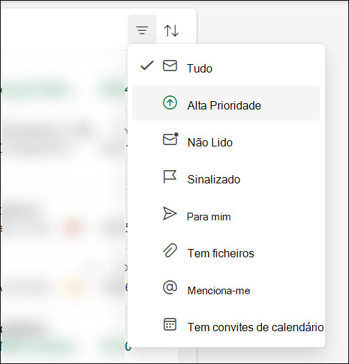 O menu de filtro de mensagens no Outlook a mostrar que a Prioridade Alta é uma opção.