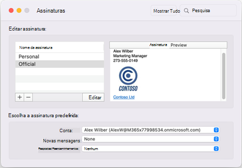 Janela Assinaturas Predefinidas no Outlook para Mac