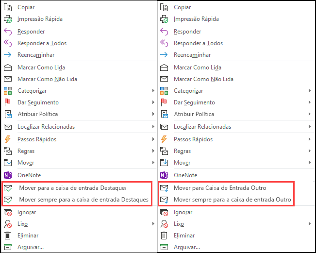 Vista lado a lado das opções Mover e Mover Sempre