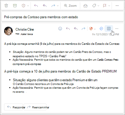 O ícone Aplicações na barra de ação de uma mensagem no Outlook na Web e no novo Outlook para Windows.